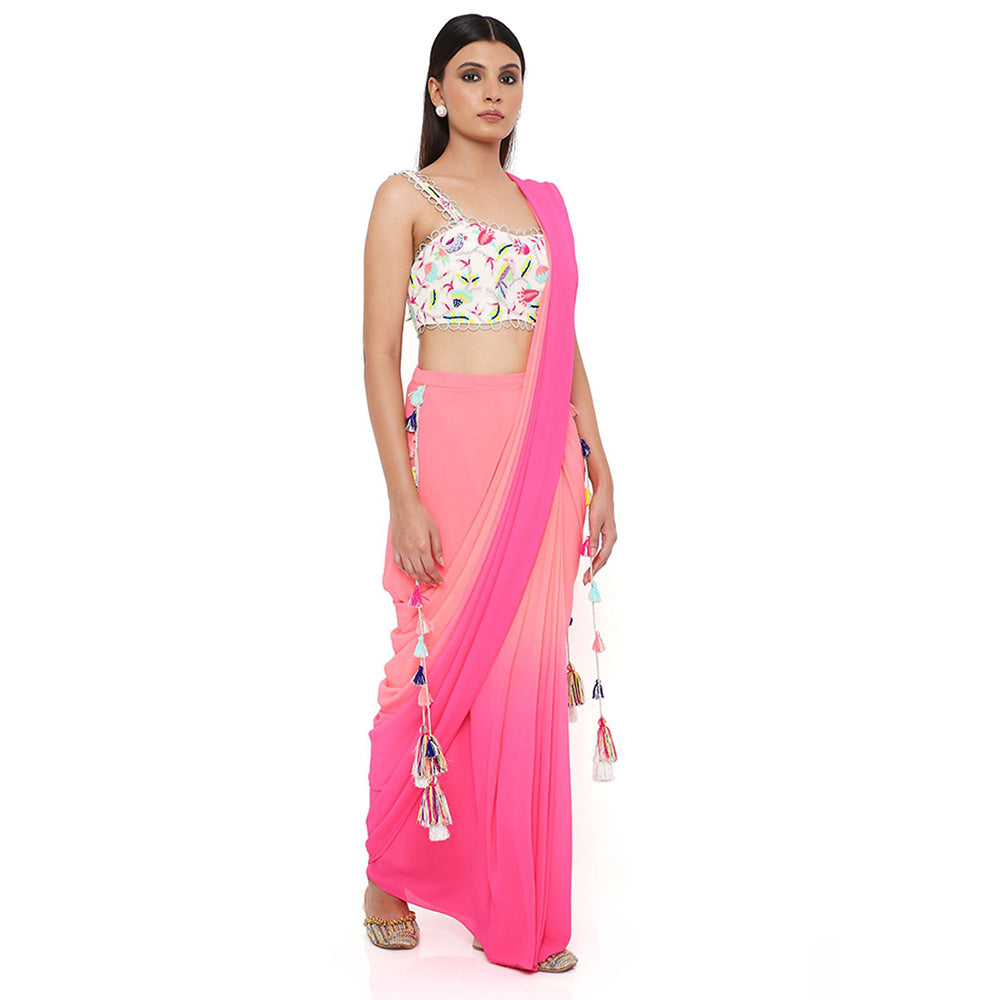 Payal Singhal Georgette Embroidered Coral Pre-Stitched Blouse Saree with Stitched Blouse
