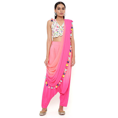 Payal Singhal Georgette Embroidered Blouse with Coral Pant with Attached Drape (Set of 2)
