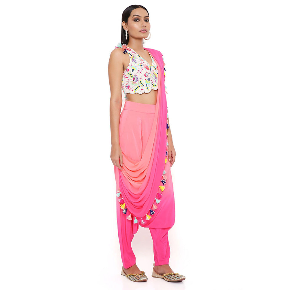 Payal Singhal Georgette Embroidered Blouse with Coral Pant with Attached Drape (Set of 2)