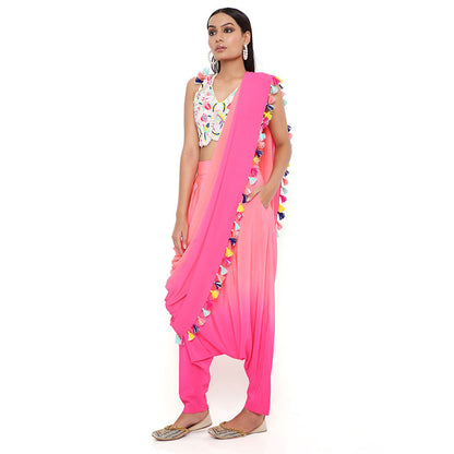 Payal Singhal Georgette Embroidered Blouse with Coral Pant with Attached Drape (Set of 2)