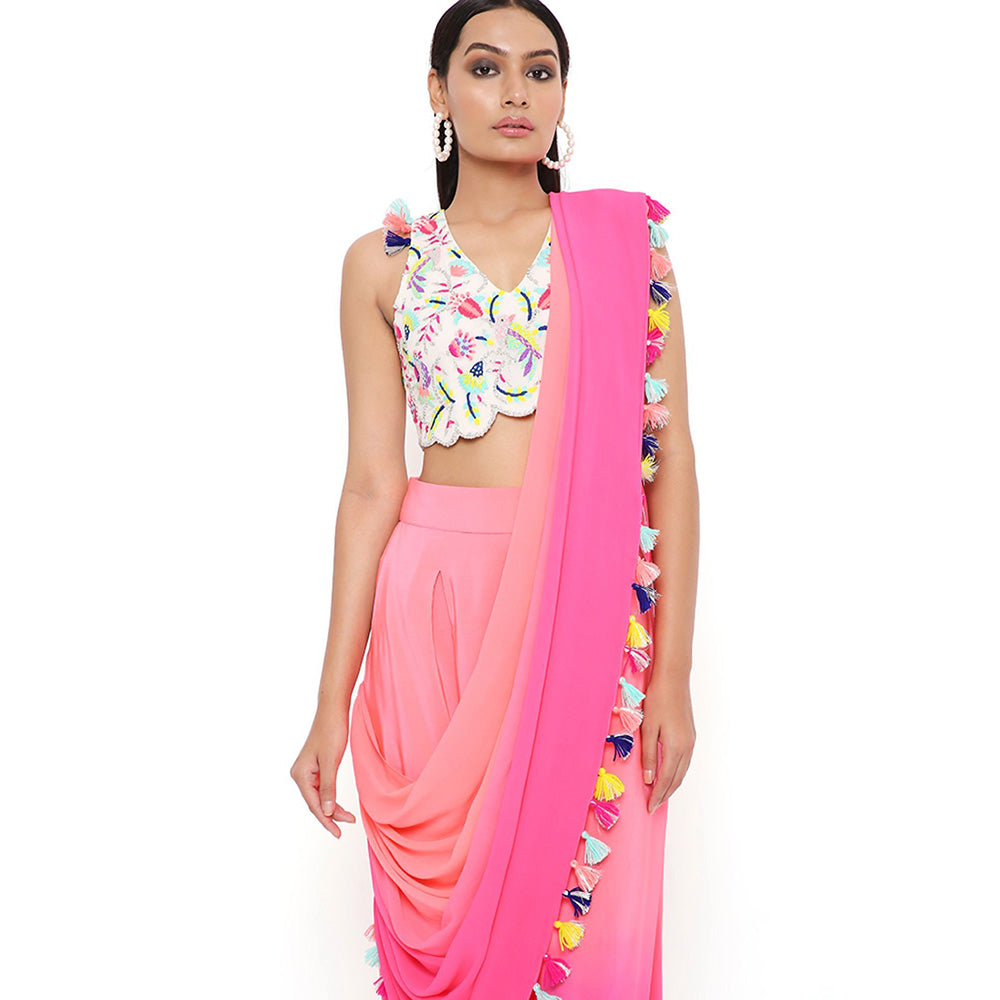 Payal Singhal Georgette Embroidered Blouse with Coral Pant with Attached Drape (Set of 2)