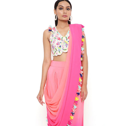 Payal Singhal Georgette Embroidered Blouse with Coral Pant with Attached Drape (Set of 2)