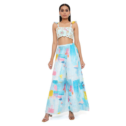 Payal Singhal Aqua Georgette Embroidered Bustier with Palazzo (Set of 2)