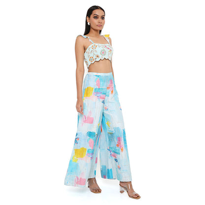 Payal Singhal Aqua Georgette Embroidered Bustier with Palazzo (Set of 2)