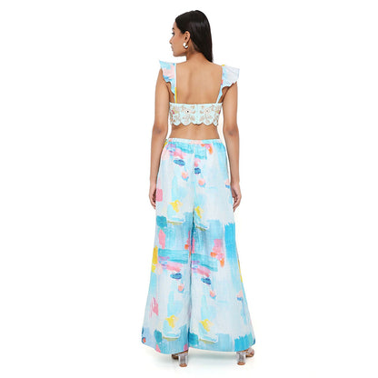 Payal Singhal Aqua Georgette Embroidered Bustier with Palazzo (Set of 2)