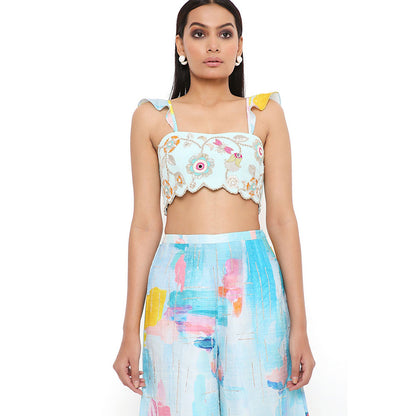 Payal Singhal Aqua Georgette Embroidered Bustier with Palazzo (Set of 2)