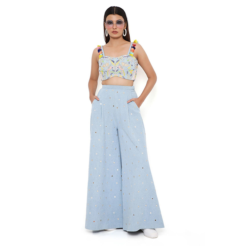 Payal Singhal Blue Denim Embroidered Bustier and Flared Pant (Set of 2)