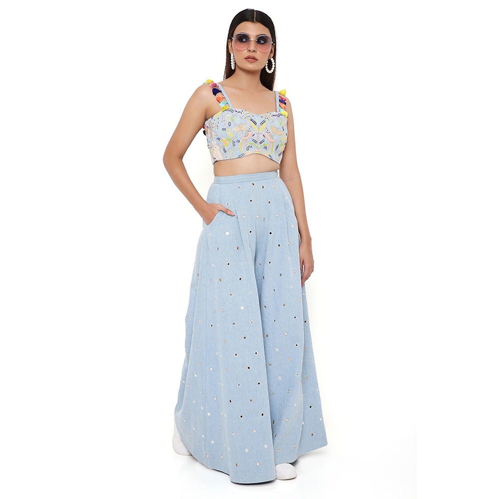 Payal Singhal Blue Denim Embroidered Bustier and Flared Pant (Set of 2)