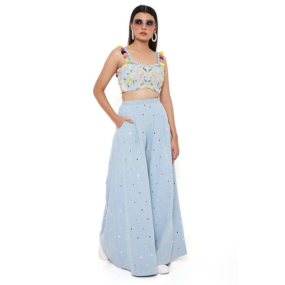 Payal Singhal Blue Denim Embroidered Bustier and Flared Pant (Set of 2)