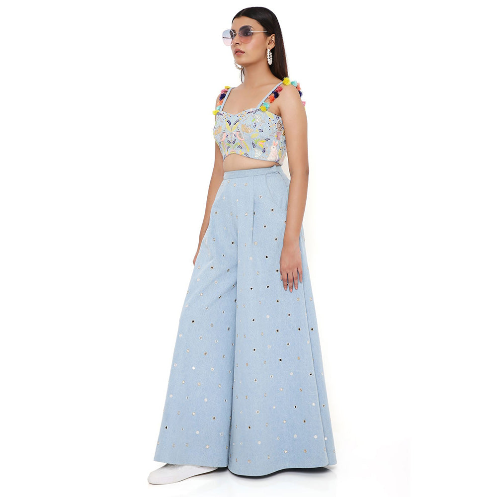 Payal Singhal Blue Denim Embroidered Bustier and Flared Pant (Set of 2)