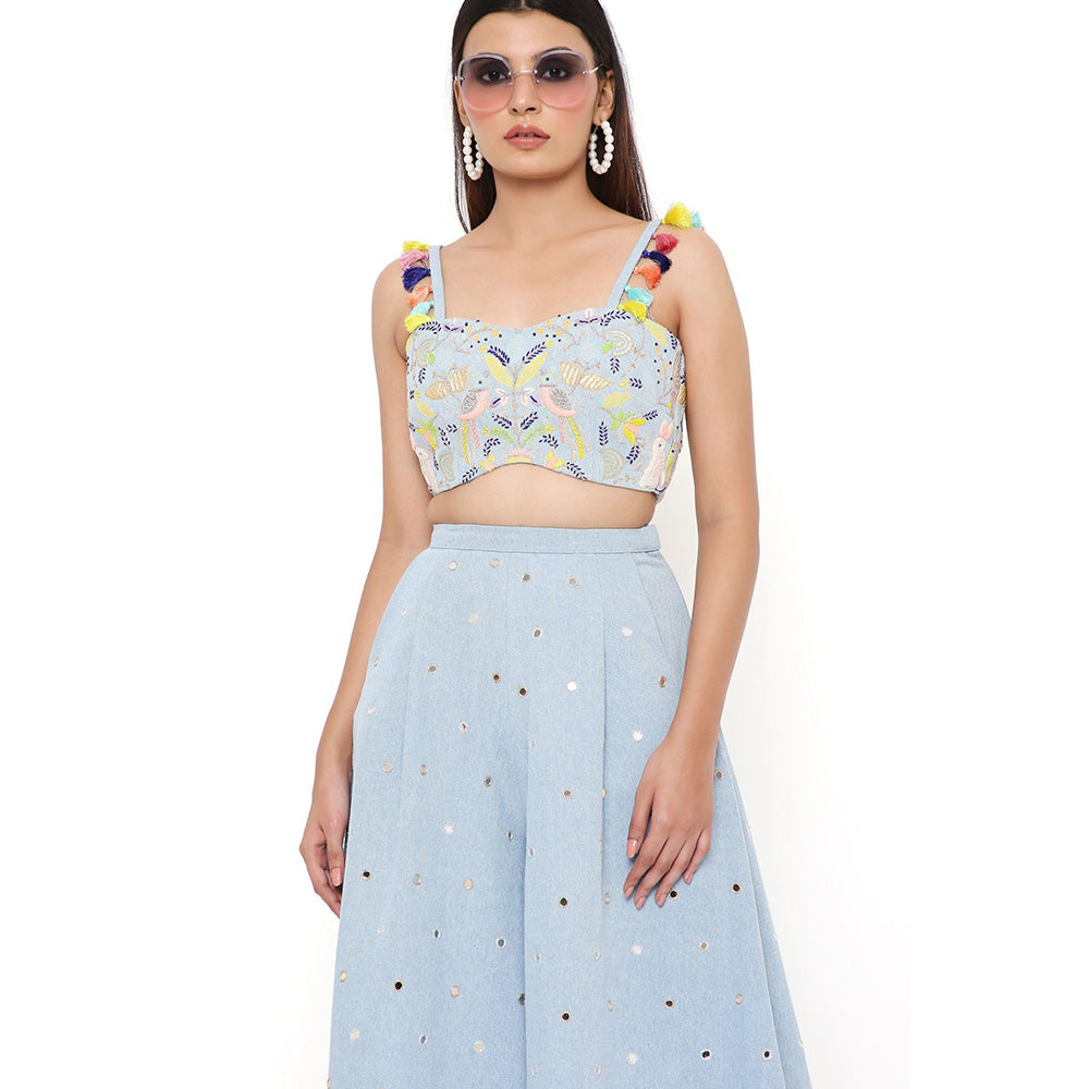 Payal Singhal Blue Denim Embroidered Bustier and Flared Pant (Set of 2)