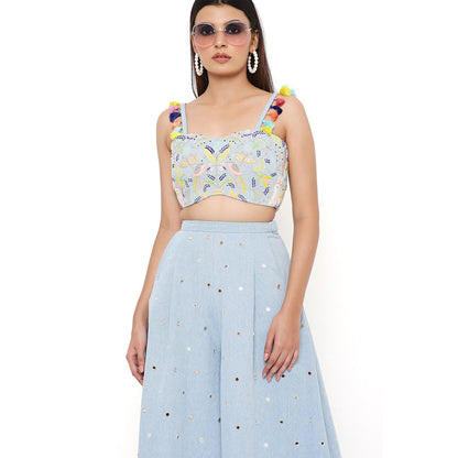 Payal Singhal Blue Denim Embroidered Bustier and Flared Pant (Set of 2)