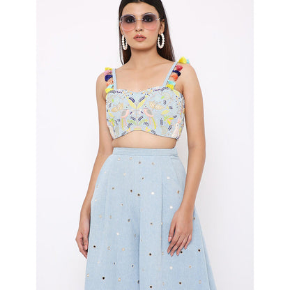 Payal Singhal Blue Denim Embroidered Bustier and Flared Pant (Set of 2)