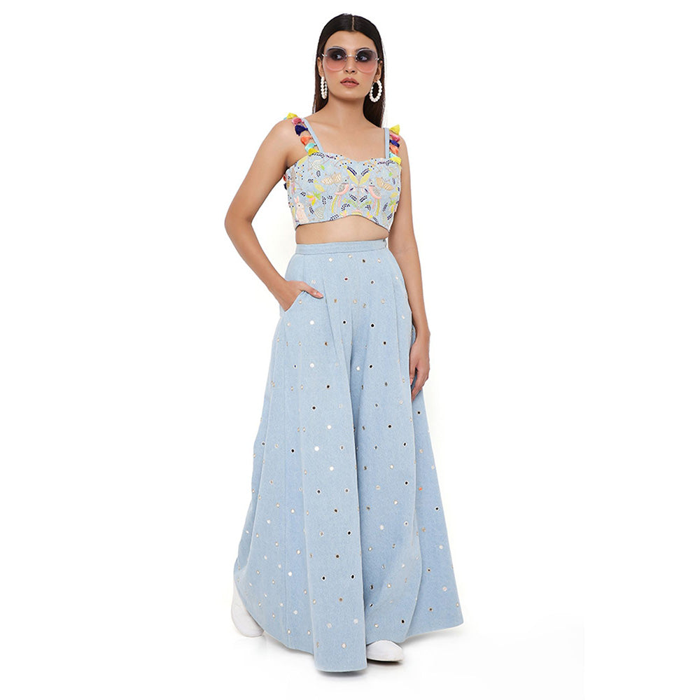 Payal Singhal Blue Denim Embroidered Bustier and Flared Pant (Set of 2)