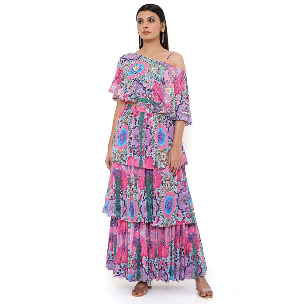 Payal Singhal Pink Print Cape with Bustier and Skirt (Set of 3)