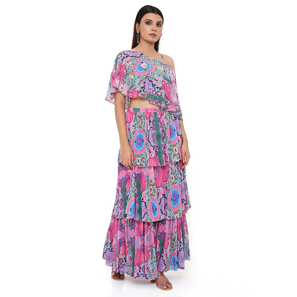 Payal Singhal Pink Print Cape with Bustier and Skirt (Set of 3)