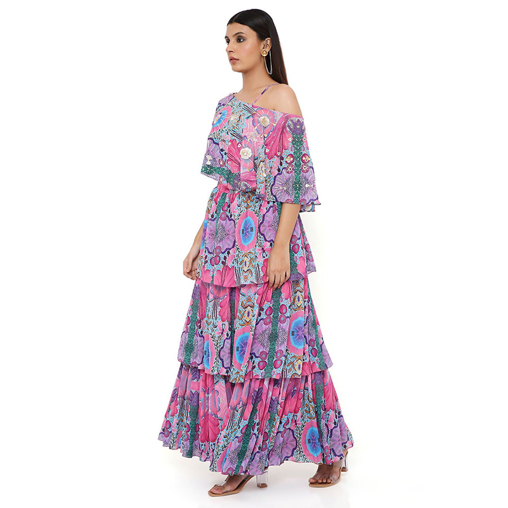 Payal Singhal Pink Print Cape with Bustier and Skirt (Set of 3)