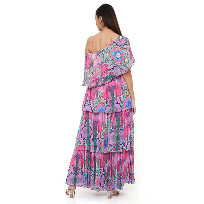 Payal Singhal Pink Print Cape with Bustier and Skirt (Set of 3)