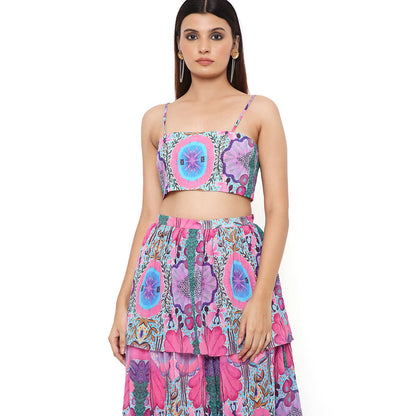 Payal Singhal Pink Print Cape with Bustier and Skirt (Set of 3)