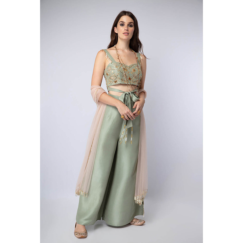 Payal Singhal Green Tie-Up Blouse with Palazzo and Dupatta (Set of 3)