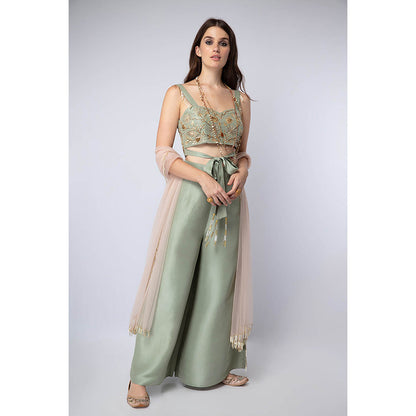 Payal Singhal Green Tie-Up Blouse with Palazzo and Dupatta (Set of 3)