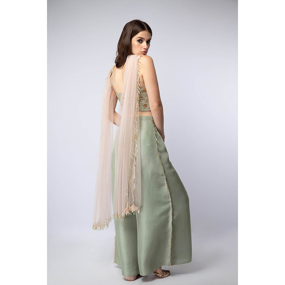 Payal Singhal Green Tie-Up Blouse with Palazzo and Dupatta (Set of 3)