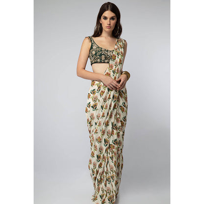 Payal Singhal Emerald Green Printed Saree with Petticoat and Stitched Blouse