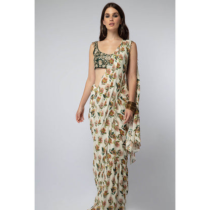 Payal Singhal Emerald Green Printed Saree with Petticoat and Stitched Blouse