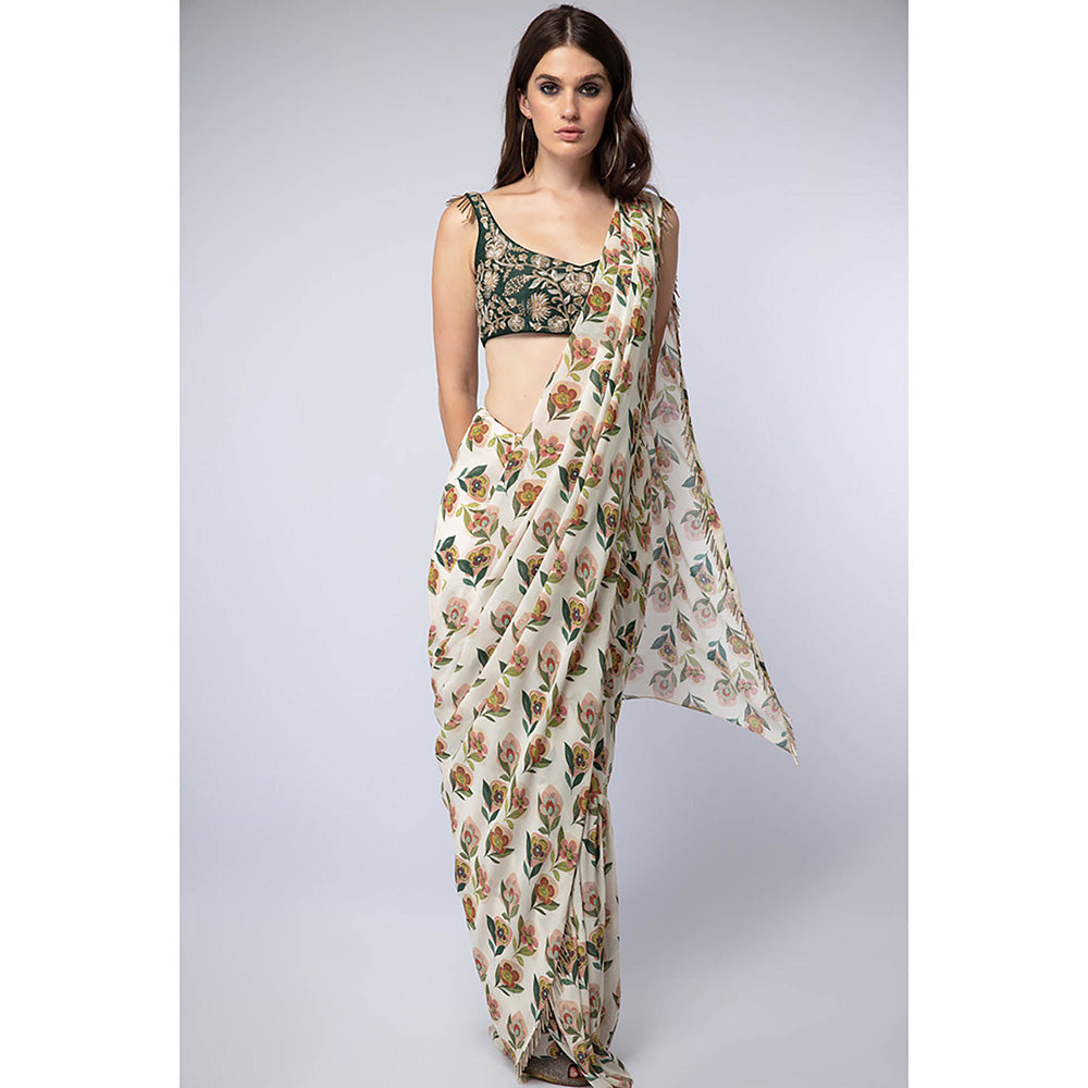 Payal Singhal Emerald Green Printed Saree with Petticoat and Stitched Blouse