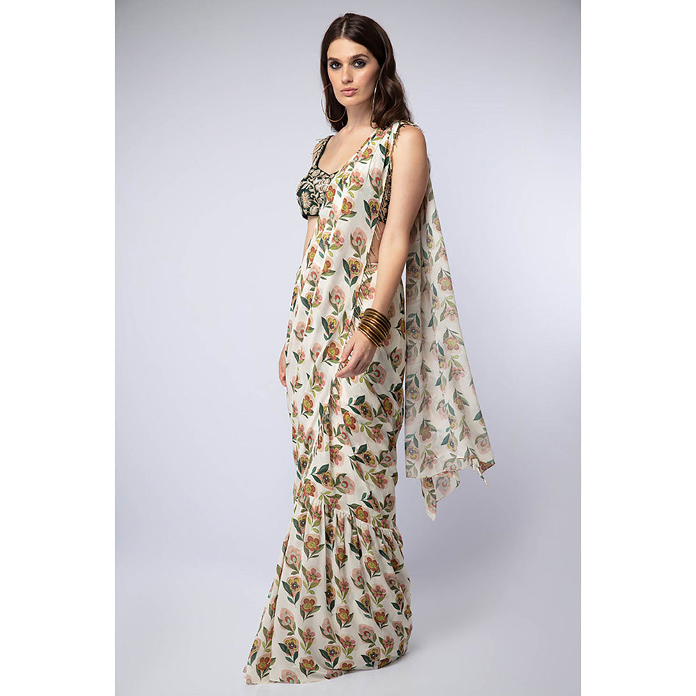 Payal Singhal Emerald Green Printed Saree with Petticoat and Stitched Blouse