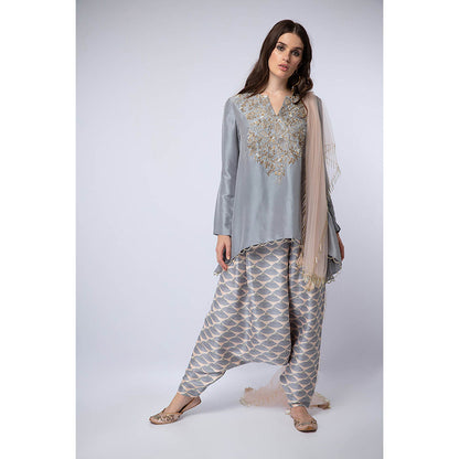 Payal Singhal Blue High Low Kurta with Dhoti and Dupatta (Set of 3)