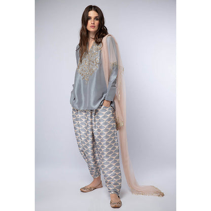 Payal Singhal Blue High Low Kurta with Dhoti and Dupatta (Set of 3)