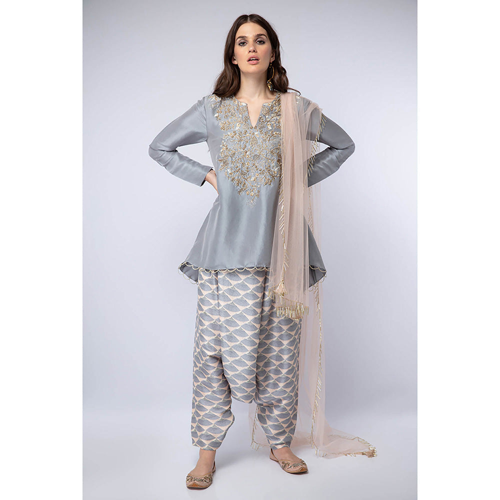 Payal Singhal Blue High Low Kurta with Dhoti and Dupatta (Set of 3)