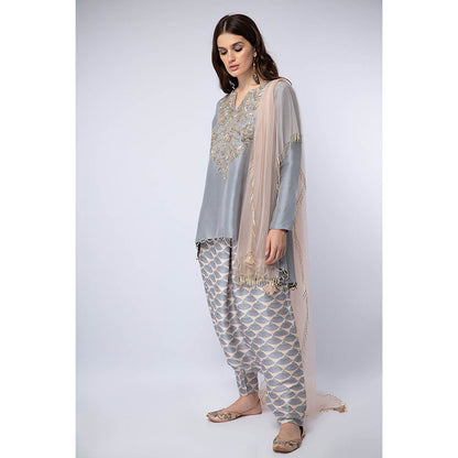 Payal Singhal Blue High Low Kurta with Dhoti and Dupatta (Set of 3)