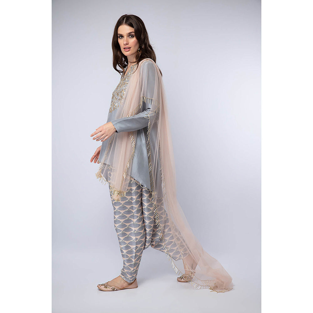 Payal Singhal Blue High Low Kurta with Dhoti and Dupatta (Set of 3)