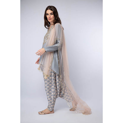 Payal Singhal Blue High Low Kurta with Dhoti and Dupatta (Set of 3)