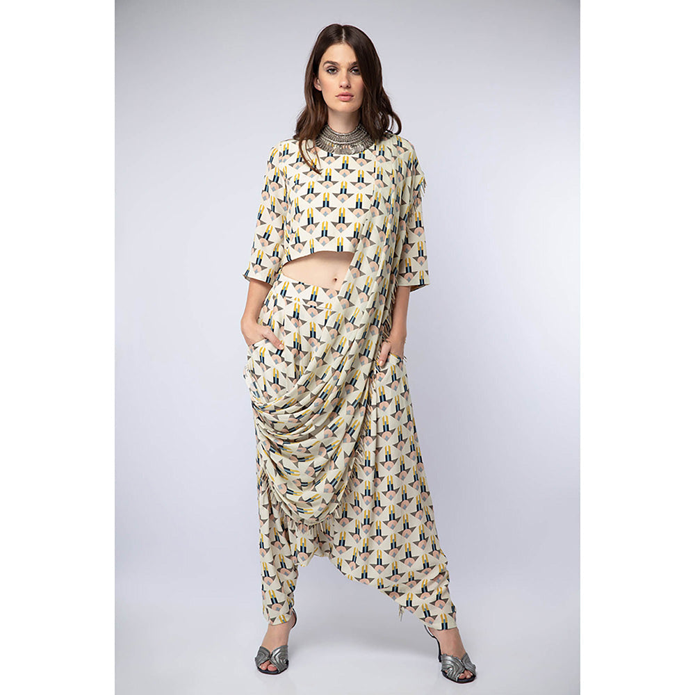 Payal Singhal White Printed Crop Top with Dhoti and Attached Drape (Set of 2)