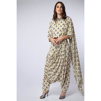 Payal Singhal White Printed Crop Top with Dhoti and Attached Drape (Set of 2)
