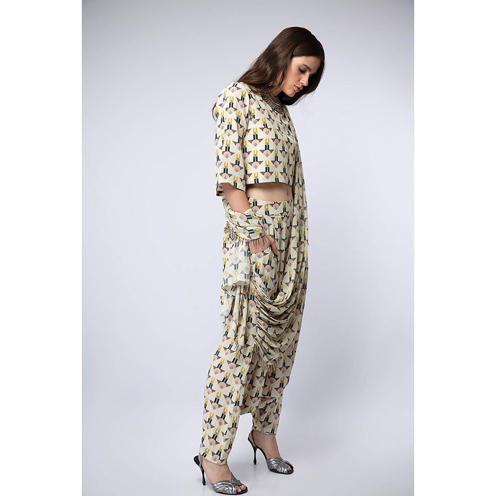 Payal Singhal White Printed Crop Top with Dhoti and Attached Drape (Set of 2)