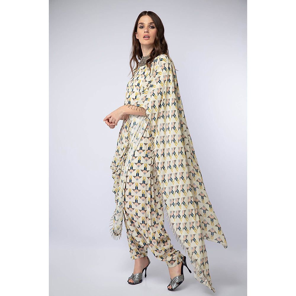 Payal Singhal White Printed Crop Top with Dhoti and Attached Drape (Set of 2)