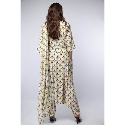 Payal Singhal White Printed Crop Top with Dhoti and Attached Drape (Set of 2)