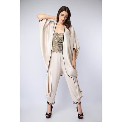 Payal Singhal Beige Embroidered Kaftan with Dhoti and Crop Top (Set of 3)