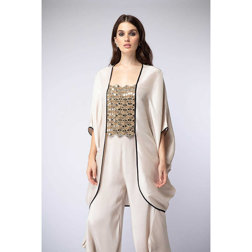 Payal Singhal Beige Embroidered Kaftan with Dhoti and Crop Top (Set of 3)