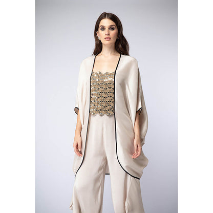 Payal Singhal Beige Embroidered Kaftan with Dhoti and Crop Top (Set of 3)