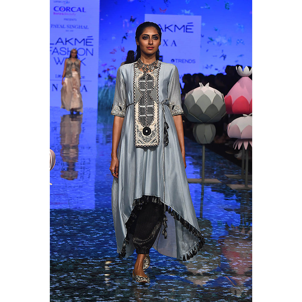 Payal Singhal Blue Embroidered High Low Kurta with Pant (Set of 2)