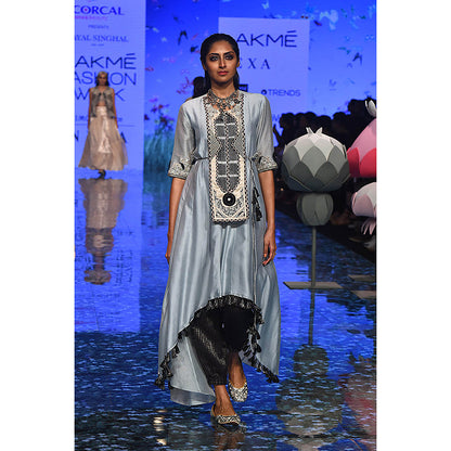 Payal Singhal Blue Embroidered High Low Kurta with Pant (Set of 2)