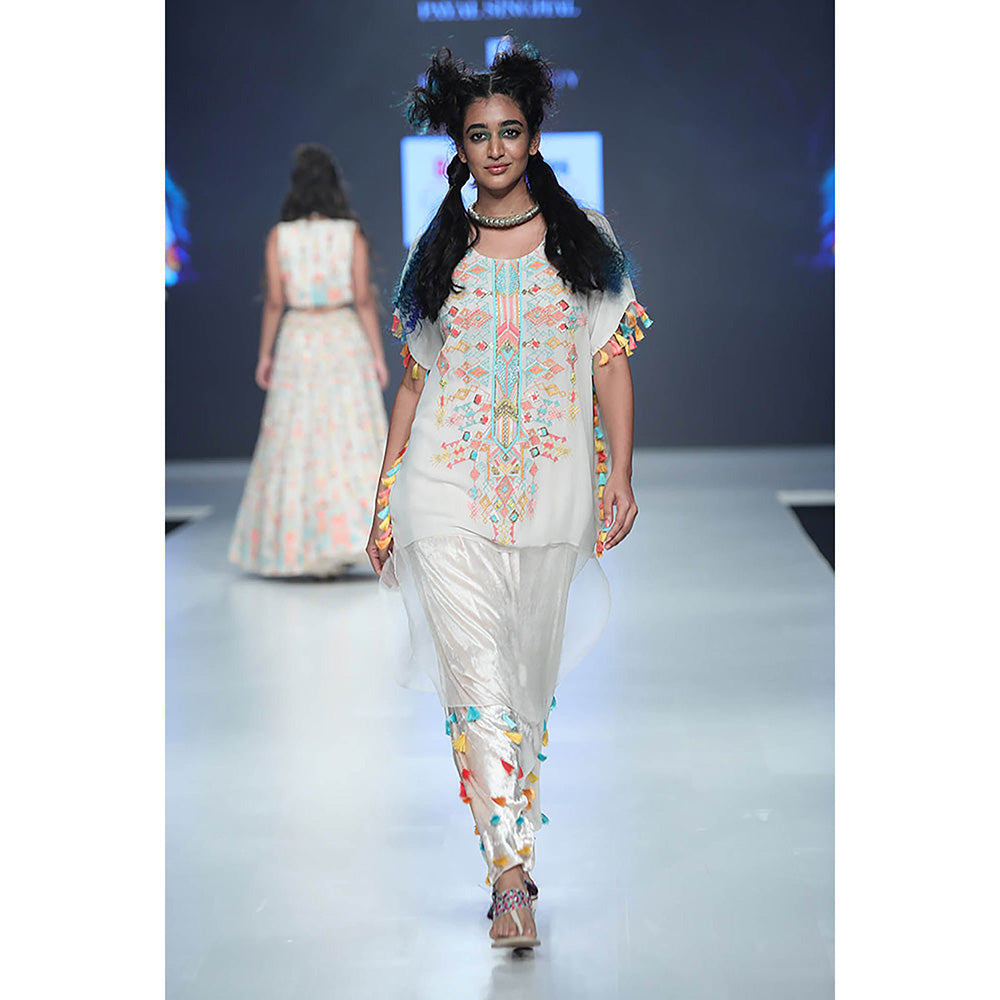 Payal Singhal Kiya Chalk White Kaftan with Velvet Dhoti (Set of 2)
