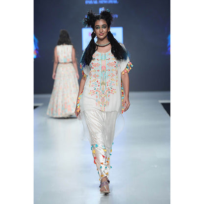 Payal Singhal Kiya Chalk White Kaftan with Velvet Dhoti (Set of 2)