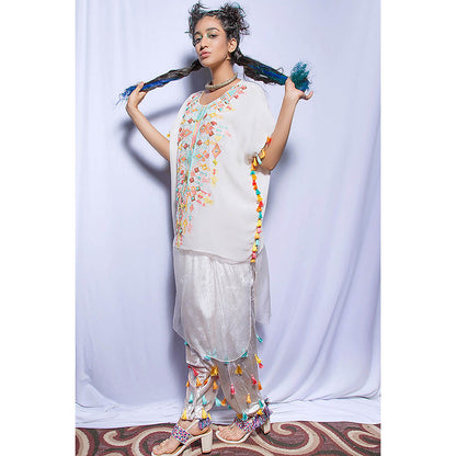 Payal Singhal Kiya Chalk White Kaftan with Velvet Dhoti (Set of 2)