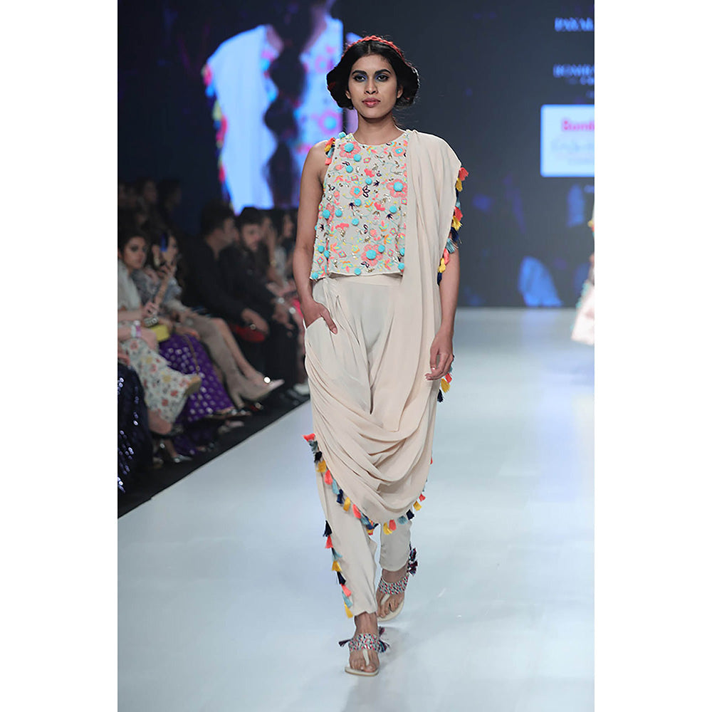 Payal Singhal Beige Top and Dhoti with Attached Drape (Set of 2)